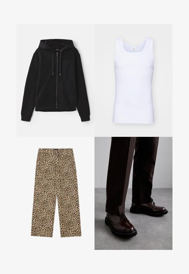 Schwarze Zip-Hoodie aus weichem Stoff, mit einer Kordelzugkapuze, Kängurutaschen und tonal gesticktem Logo auf der Brust.; Weißes Baumwoll-Top ohne Ärmel mit rundem Ausschnitt, ausgestattet mit einer glatten Textur und einer figurbetonten Form, ideal für die Freizeit.; YOURTURN UNISEX - Jeans Relaxed Fit - beige/black; Braune Leder Schnürschuhe mit glänzender Oberfläche, schwarzer Gummisohle und dezenten Nähten. Getragen mit braunen Angabenhosen mit Nadelstreifen.