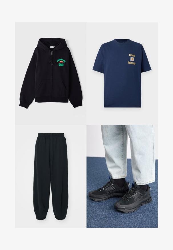 Svart zip-up hettegenser laget av myk bomull. Har frontlommer, snor i hetten og flerfarget grafikk på brystet.; Mørk blå bomull t-skjorte med korte ermer, med gulltekst "Carhartt University" og et logo-patch på venstre bryst.; Sorte, joggebukser med elastisk liv, løs passform, mansjetter på ankler, glatt tekstur og uten synlige mønstre eller hardware-detaljer.; Svarte sportssko med teksturert stoff og gummisåler, med elastiske lisser og en blå detalj på hælen. Brukt med lyse denimbukser.