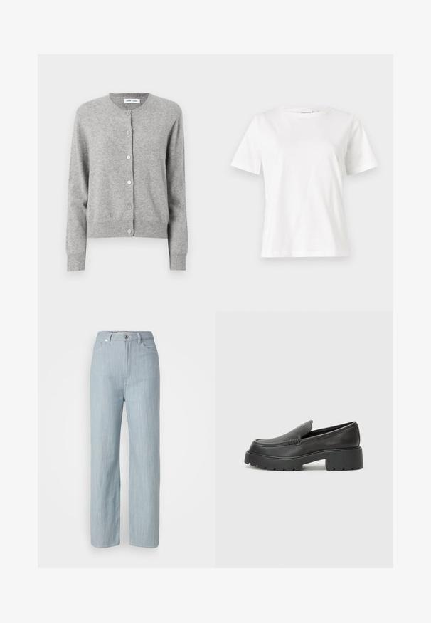 Sivý kardigán vyrobený z mäkkej pleteniny, s okrúhlym výstrihom, dlhými rukávmi a zapínaním na gombíky na prednej strane. Jednoduchý dizajn.; Biela bavlnená tričko s krátkymi rukávmi, okrúhlym výstrihom a voľným strihom. Hladká textúra, bez vzorov alebo akcentov, minimalistický dizajn.; Svetlomodré džínsy rovného strihu vyrobené z denimu. Majú päť vreciek, kovové zapínanie na gombík a jemné žmolkovanie pre textúru.; Čierne kožené mokasíny s okrúhlou špičkou, hrubou textúrovanou podrážkou a minimom stehovej výzdoby. Štíhly dizajn bez viditeľných šnúr alebo kovania.
