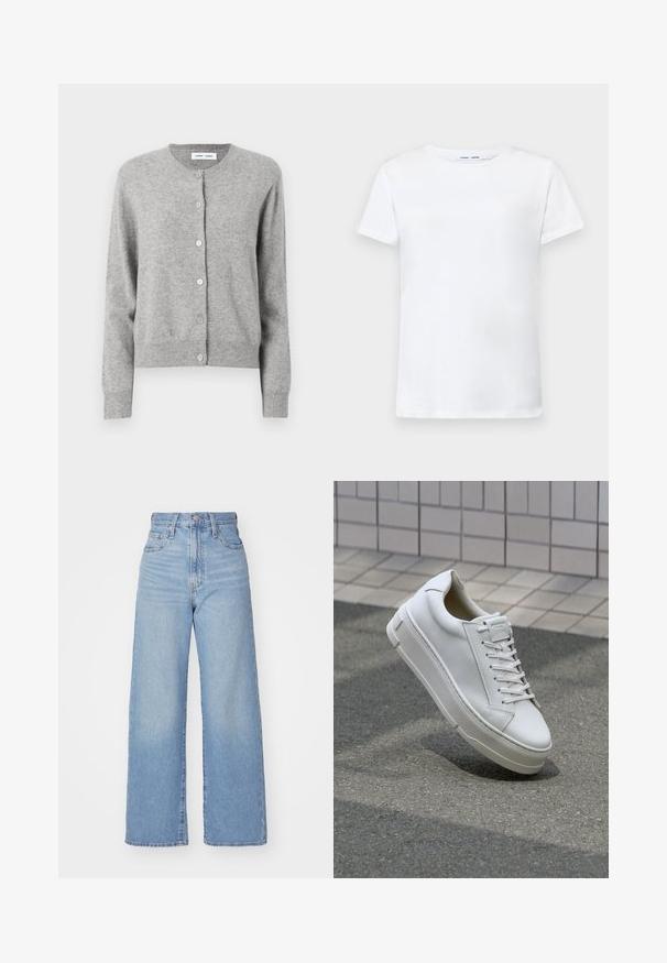 Cardigã cinza feito de um material de malha suave, apresentando um decote redondo, mangas longas e fecho de botão na parte da frente. Design simples.; T-shirt branca de manga curta feita de algodão com um design de gola redonda. Textura suave e corte reto, sem padrões ou acentos.; Jeans de cintura alta e perna larga em azul claro, com fecho frontal de botão e zíper, bolsos frontais e traseiros, sobre um fundo branco.; Sapatilhas de couro branco com um design de baixo, atacadores planos, bico arredondado e lados texturizados. Sola de borracha espessa com detalhes subtis.