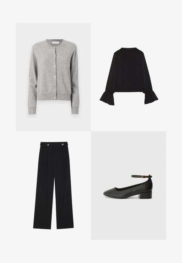 Pilkos spalvos kardiganas, pagamintas iš minkštos mezginio medžiagos, su apvaliu kaklu, ilgomis rankovėmis ir mygtukų užsegimu priekyje. Paprastas dizainas.; Juoda ilgomis rankovėmis palaidinė su išsiplėtusiais rankogaliais, minkšta tekstūra ir laisva forma, su paprastu apvaliu kaklu.; Juodi plačios kojos kelnės su aukštu liemeniu, sagų detalėmis ant liemens ir priekinėmis raukšlėmis.; Juodas odinis aukštakulnis batelis su smailiu pirštu ir žemu bloku. Su kulkšnies dirželiu su auksinės spalvos sagtimi. Lygus paviršius.