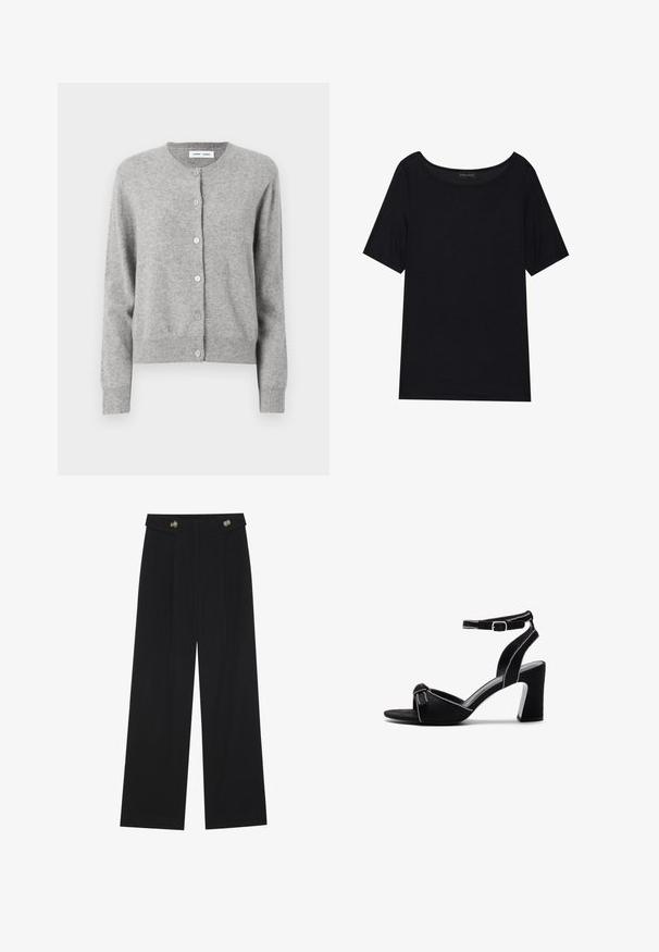 Pelēks kardigans, izgatavots no mīksta adījuma, ar apaļu kakla izgriezumu, garām piedurknēm un pogu aizdari priekšpusē. Vienkāršs dizains.; Melns īsām piedurknēm T-krekls ar plašu kakla izgriezumu. Izgatavots no mīksta, viegla auduma. Vienkāršs dizains bez rakstiem vai akcentiem.; Melnas platās bikses ar augstu jostasvietu, pogu detaļām uz jostas un priekšējām krokām.; Melnas zamšādas kurpes ar papēdi uz augstiem blokiem, ar regulējamu potītes siksniņu, atvērtu purngali un kontrastējošu izšuvumu.