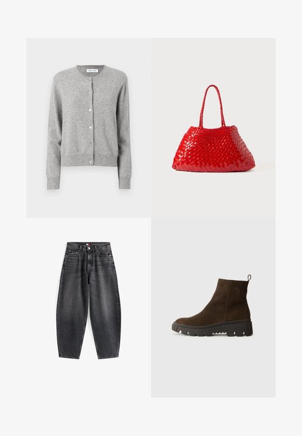 Szürke kardigán, puha kötött anyagból, kerek nyakkivágással, hosszú ujjal és gombos záródással az elején. Egyszerű dizájn.; Világoskék, hosszú ujjú pólóing vízszintes szürke és fehér csíkokkal, galléros nyakkal.; Magas derekú, fekete farmernadrág, laza szabással, öt zsebbel, övtartókkal és márkás derékkal.; Barna velúr bokacsizma masszív fekete gumitalppal, enyhén sarokkal és hátul elhelyezett húzófüllel a könnyű felvétel érdekében.; Vörös szőtt női táska fényes felülettel, fonott fogantyúkkal. Megkülönböztető háromszög alakú és texturált felülettel rendelkezik, szoros mintázattal.