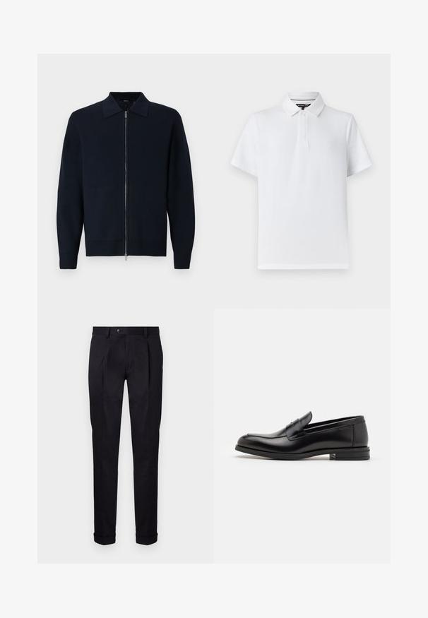 Granatowy sweter z dzianiny z zapięciem na zamek, strukturalnym kołnierzem, prążkowanymi mankietami i dołem. Miękka tekstura oraz elegancki, nowoczesny design.; Biała koszulka polo wykonana z bawełny o miękkiej teksturze, z trzema guzikami przy dekolcie i małym logo na lewej piersi. Krótkie rękawy.; Dopasowane czarne spodnie wykonane z gładkiego materiału, z płaskim przodem, dwoma przodu fałdami i mankietami dla schludnego, zorganizowanego wyglądu.; Czarne skórzane mokasyny o gładkiej fakturze, zaokrąglonym nosku i dekoracyjnym pasku na przodzie. Niski, warstwowy obcas, minimalistyczny design.