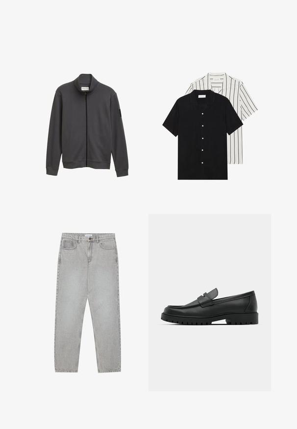 Sötétszürke, cipzáros dzseki magas gallérral, hosszú ujjakkal, bordázott mandzsettákkal és puha textúrával. Az egyik ujján folt található.; Két rövid ujjú ing: az egyik egyszínű fekete, a másik fehér fekete függőleges csíkokkal. Mindkettő gombos záródással és klasszikus gallérral rendelkezik.; Világosszürke farmernadrág egyenes szabással, öt zsebes stílusban, gombos záródással. Látható varrások az illesztéseknél.; Fekete bőr loafer cipők kerek orral, varrott mintázattal, alacsony platformtalpú és texturált, barázdált gumitalppal.