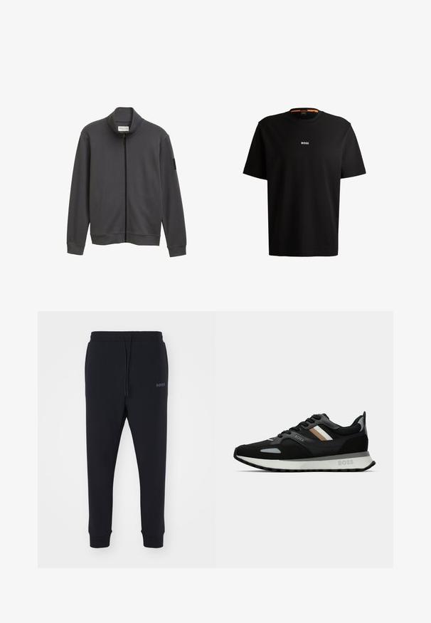 Tmavošedá bunda na zips s vysokým golierom, dlhými rukávmi, rebrovanými manžetami a mäkkou textúrou. Má nášivku na ľavom rukáve.; Čierne bavlnené tričko s okrúhlym výstrihom, krátkymi rukávmi a bielym logom "BOSS" umiestneným na hrudi. Hladká textúra, voľný strih.; Čierne tepláky vyrobené z mäkkého materiálu s elastickým pásom, šnúrkou na stiahnutie a zúženými nohavicami. Obsahujú malé logo na boku.; Čierna bežecká obuv s textúrovaným povrchom, svetlošedými akcentmi a tromi horizontálnymi pruhmi v hnedej farbe. Obsahuje bielu polstrovanú podrážku.