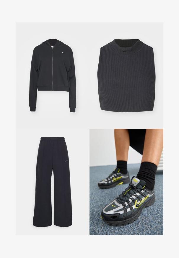 Svart avkortet hettegenser laget av mykt stoff, med full glidelås, hette, lange ermer og en liten hvit Nike-logo på brystet.; Skjorten er en cropped ribbestrikket topp i mørk marineblå, med høy hals og en subtil Nike-logo. Stoffet har en teksturert, elastisk utseende.; Svarte vide bukser med elastisk linning og en liten hvit Nike-logo. Stoffet har en glatt tekstur, designet for komfort og uformell bruk.; Svarte og grå treningssko med reflekterende sølvfarger, teksturerte mesh-paneler og lyse gule detaljer. Snøring med strukturert såle.