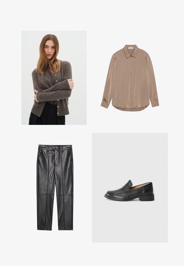 Brown wool cardigan with a round neckline, buttoned front, and ribbed cuffs. Worn over a matching top, paired with black pants.; Long-sleeved blouse in taupe satin with a pointed collar, front button closure, and rounded hemline. Smooth texture and tailored fit.; Black leather trousers with a smooth texture, featuring a straight fit, two front pockets, and visible seam detailing.; Black leather loafer with a low heel, featuring a stitched design and slip-on style, set against a plain white background.