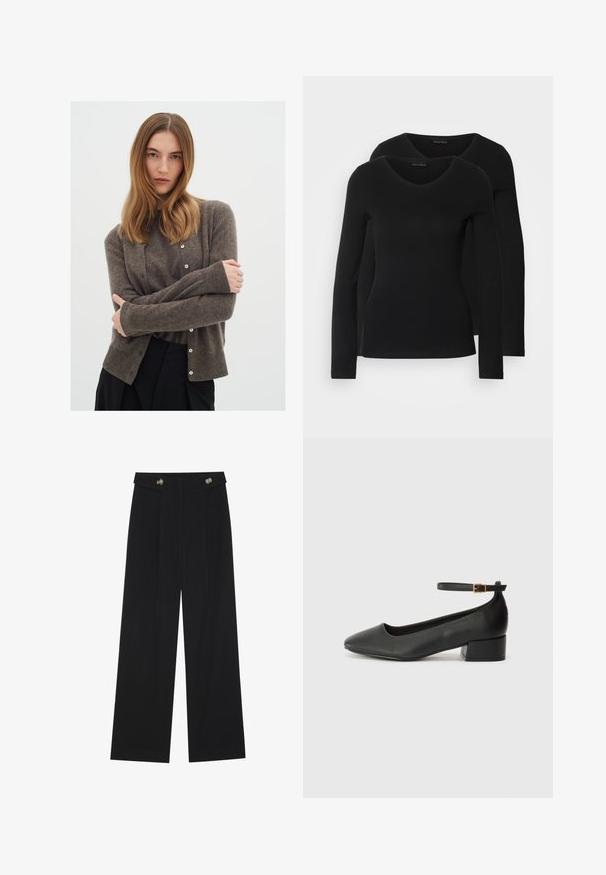 Ruskea villatakki, jossa on pyöreä kaulus, nappikiinnitys edessä ja ribbaus hihansuissa. Päällä yhteensopiva paita, yhdistetty mustiin housuihin.; Kaksi mustaa pitkähihaista paitaa V-aukkolla, valmistettu pehmeästä ja joustavasta kankaasta, joka osoittaa sileää tekstuuria ja istuvaa muotoa.; Mustat leveälahkeiset housut, joissa on korkea vyötärö, napit vyötärönauhassa ja etupuolella laskokset.; Mustat nahkakengät, joissa on terävä kärki ja matala lohkare korko. Varustettu nilkkahihnalla, jossa on kultasävyinen solki. Lisää sileä pinta.