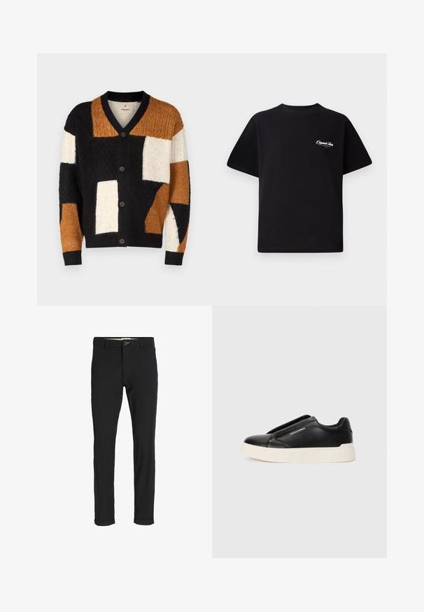 Strickjacke mit einer Mischung aus Schwarz, Weiß und Braun in geometrischen Patchwork-Mustern und fünf Knopfverschlüssen. Strukturierter Stoff.; Schwarzes Baumwoll-T-Shirt mit Rundhalsausschnitt, kurzen Ärmeln und kleinem weißen Logotext auf der linken Brust. Schlichtes Design, klassischer Schnitt.; Schwarze Baumwollmischungshose mit schmalem Schnitt, gekennzeichnet durch einen Knopfverschluss, Taschen und umgeschlagenen Säumen für einen lässigen Abschluss.; Schwarzer Schlupfschuh aus strukturiertem Lederobermaterial, mit weißer Gummisohle und ohne sichtbare Schnürsenkel. Mit Markenlogo an der Seite.