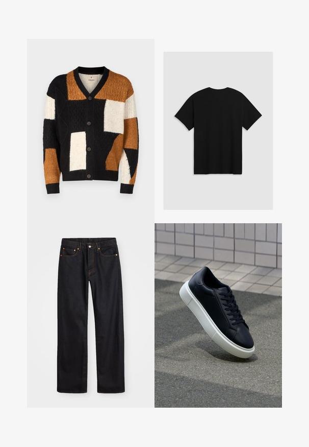 Sweter robiony na drutach w kolorach czarnym, białym i brązowym, z geometrycznymi wzorami patchworkowymi oraz pięcioma guzikami na zapięcie. Teksturowana tkanina.; Levi's® - T-shirt z nadrukiem; Męskie jeansy w prostym kroju, czarne, z pięcioma kieszeniami oraz pomarańczowymi strefami, z zapięciem na guzik i zamek z przodu w pasie.; Czarne skórzane sneakersy z okrągłym noskiem i białą gumową podeszwą. Posiadają płaskie sznurowadła i minimalne przeszycia na cholewce. Teksturowana podeszwa zapewnia przyczepność.