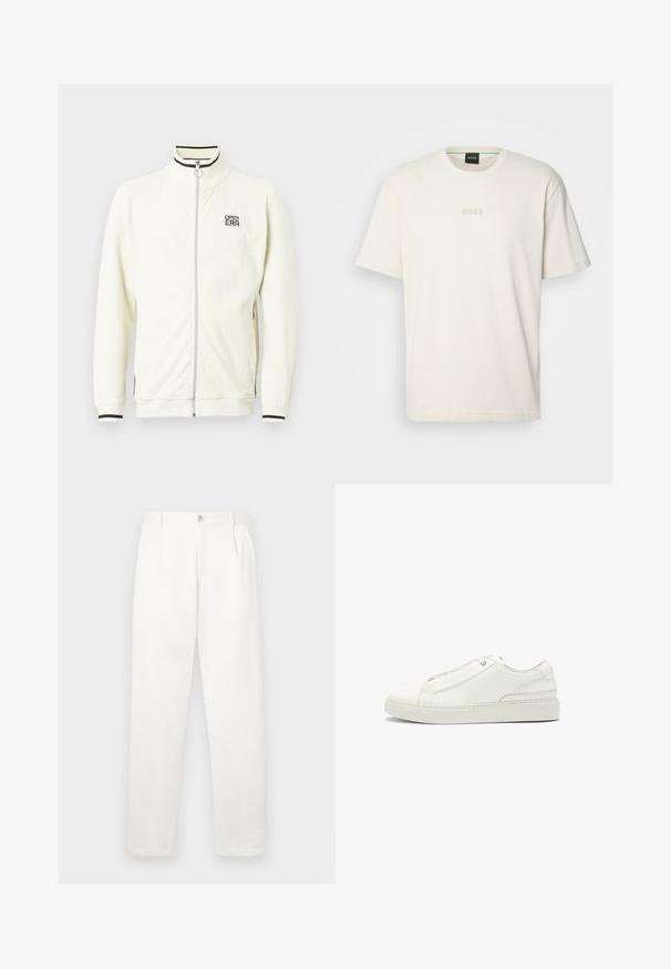 Valkoinen ribbineuloksinen vetoketjullinen takki, jossa on korkea kaulus, mustat raidalliset yksityiskohdat ja "OPEN ERA" -logo rinnassa. Pehmeä materiaali ja istuvat hihansuut.; BOSS TEE - T-paita - open white; Valkeat housut, jotka on valmistettu sileästä kankaasta, suoran lahkeiden muotoilun, etupleettien ja vyötäröllä olevan yksittäisen nappikiinnityksen kanssa.; Valkoinen nahkakenkä, jossa on teksturoitu yläosa, pyöreä kärki, minimalistinen muotoilu ja kumipohja, jossa on ommeltu yksityiskohta.