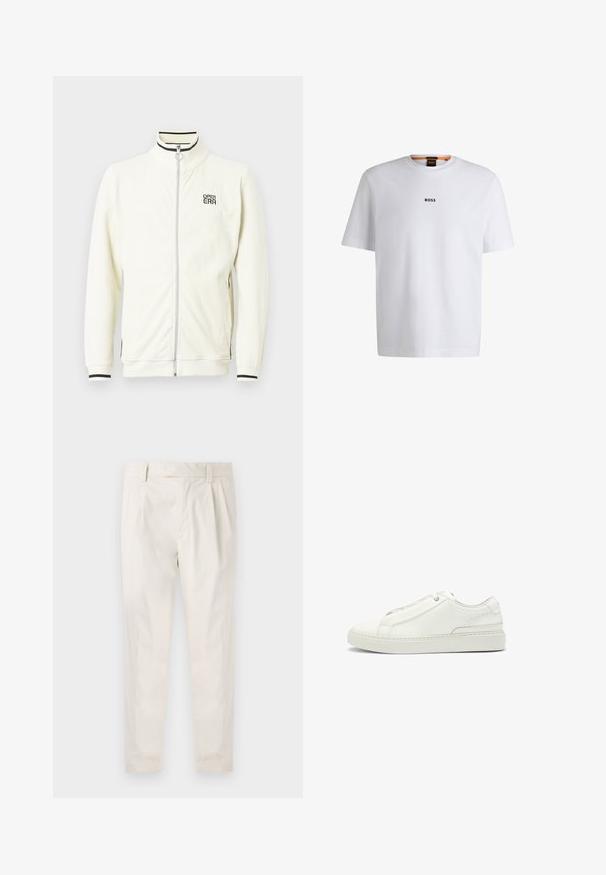 Hvid ribstrikket lynlåstrøje med høj krave, med sortstribede accenter og "OPEN ERA"-logo på brystet. Blød tekstur og tætsiddende manchetter.; Hvid bomuld T-shirt med korte ærmer, med et sort "BOSS" logo centreret på brystet og en rund halsudskæring.; Hvide, plisserede bukser med en skræddersyet pasform, der har en glat overflade, bæltestropper og smalnede ben. Ingen synlige lommer eller mønstre.; Hvide lædersneakers med en tekstureret overdel, rund tå, minimalisk design og en gummisål med syede detaljer.