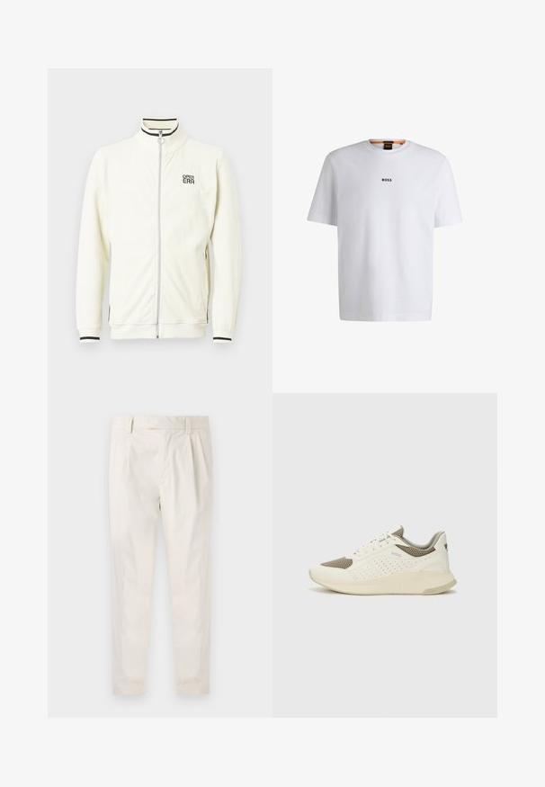 Jachetă albă cu fermoar și model reiat, guler înalt, cu accente negre dungi și logo-ul „OPEN ERA” pe piept. Textură moale și manșete ajustate.; Tricou alb din bumbac cu mâneci scurte, având un logo negru "BOSS" centrat pe piept și un guler rotund.; Pantaloni albi plisati, cu o croială ajustată, având o textură netedă, bucle pentru curea și picioare conice. Fără buzunare vizibile sau modele.; Tenis sportivi alb și bej deschis, cu un înveliș din plasă, detalii perforate și o talpă intermediară texturată, având marcaj pe călcâi.