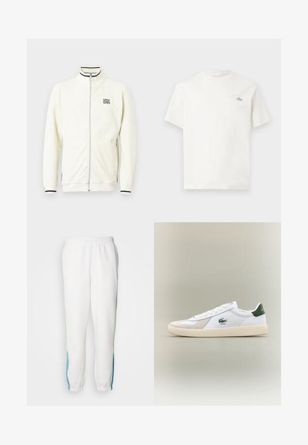 White ribbed zip-up jacket with high collar, featuring black striped accents and "OPEN ERA" logo on the chest. Soft texture and fitted cuffs.; White cotton t-shirt with short sleeves, featuring a subtle embroidered logo and minimalistic design. Soft texture, crew neckline.; White sweatpants with elastic waistband, featuring green and blue side stripes. Soft fabric with a tapered ankle design.; White sneaker with green accents, suede and leather materials, rounded toe, textured outsole, and embroidered logo on side and tongue.