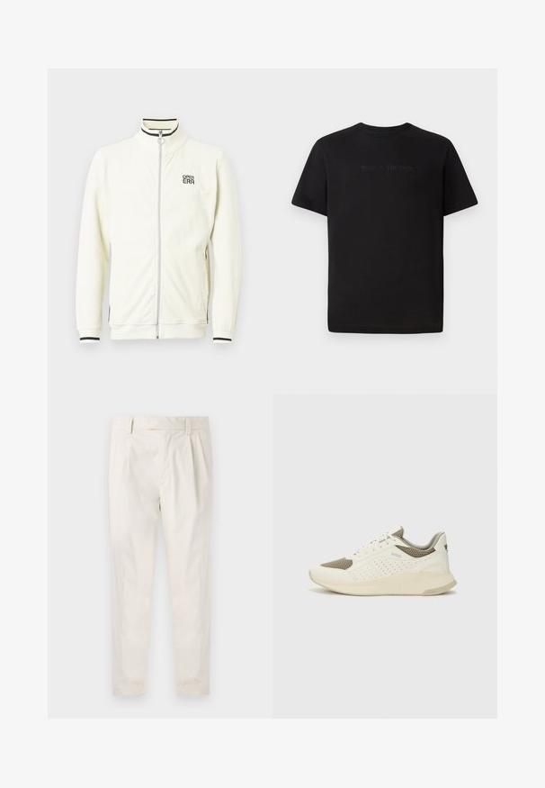 Giacca bianca a coste con zip e collo alto, con dettagli a righe nere e logo "OPEN ERA" sul petto. Tessuto morbido e polsini aderenti.; Lacoste T-shirt basic - black; Pantaloni bianchi plissettati con taglio su misura, caratterizzati da una texture liscia, passanti per la cintura e gambe affusolate. Nessuna tasca o motivo visibile.; Sneaker atletica bianca e beige chiaro, con tomaia in mesh, dettagli perforati e una suola intermedia texturizzata con marchio sul tallone.