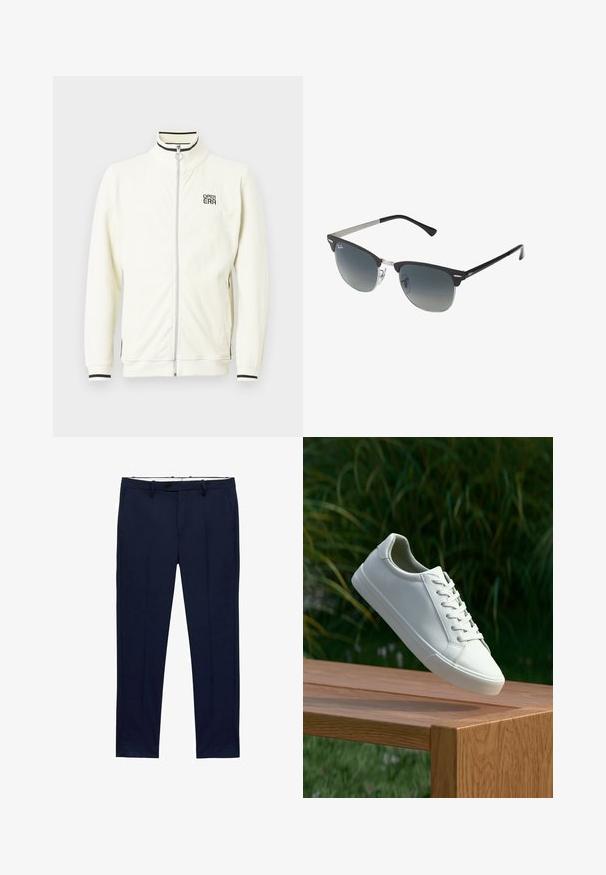 Vit ribbad zip-up-jacka med hög krage, med svarta randiga detaljer och "OPEN ERA"-logotyp på bröstet. Mjuk textur och figursydda muddar.; Vita kortärmade t-shirts staplade, gjorda av bomull. Har en rund hals och rak skärning. Tyget verkar slätt utan mönster.; Mörkblå byxor med slim fit och ränder. Har dragkedja, bälteshällor och framfickor. Slät tygliknande struktur.; Vit snörad sneaker svävande ovanför en träbänk med gröna växter i bakgrunden, som visar skodesign och textur.; Svarta och silverfärgade solglasögon med kattögaform, gradientlinser och metalliska detaljer på ramen. Plastbågar med gråa tippar.