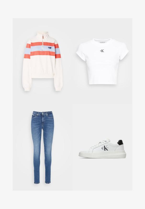 Biela mikina s vysokým golierom, s červenými a svetlomodrými horizontálnymi pruhmi a predným zipsom. Logo zobrazené na ľavej hrudi.; Biela skrátená tričko vyrobené z rebrovanej látky. Má okrúhly výstrih a krátke rukávy. Čierne vyšívané logo "cK" na hrudi.; Džínsy v úzkom strihu v stredne modrom denime, s vysokým pásom, hladkou textúrou, dvoma prednými vreckami a jedným zadným vreckom.; Biele nízke tenisky s čiernym pätkovým dielom, platformovou podrážkou, šnúrkami a logom "CK" značky Calvin Klein na boku.