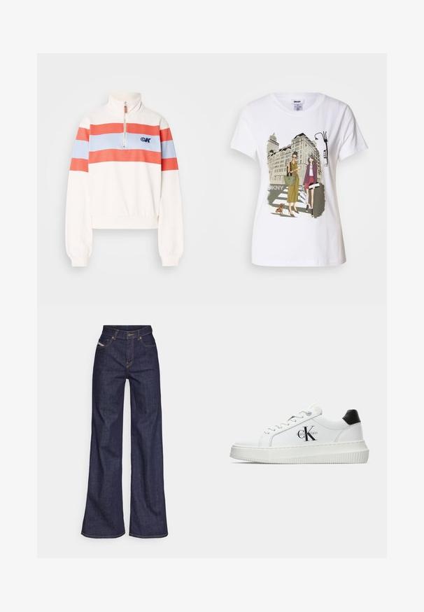 Biela mikina s vysokým golierom, s červenými a svetlomodrými horizontálnymi pruhmi a predným zipsom. Logo zobrazené na ľavej hrudi.; Biela bavlnená tričko s potlačou ilútrácie dvoch žien v mestských módnych štýloch so psom na prechode a mestskými budovami.; Tmavomodré široké džínsy z denimu s vysokým pásom, zdobené oranžovým šitím, päť vreckovým dizajnom a zapínaním na gombík.; Biele nízke tenisky s čiernym pätkovým dielom, platformovou podrážkou, šnúrkami a logom "CK" značky Calvin Klein na boku.