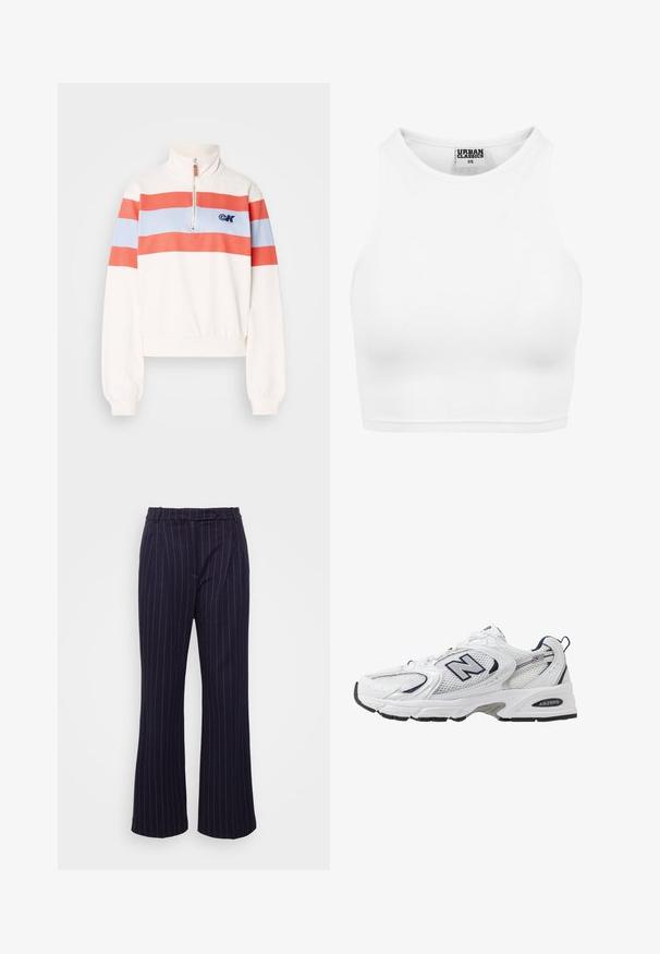 Felpa bianca con colletto alto, caratterizzata da righe orizzontali rosse e azzurro chiaro e una cerniera frontale. Logo visibile sul lato sinistro del petto.; Top corto bianco a costine con scollatura alta e design senza maniche. Realizzato in tessuto morbido e elasticizzato per un fit confortevole.; DESIGNERS REMIX ZOE PANTS - Pantaloni - navy/white; Scarpa sportiva bianca con tomaia in mesh, dettagli in blu marino e suola imbottita. Presenta il logo "N", lacci e dettaglio texturizzato sul lato.