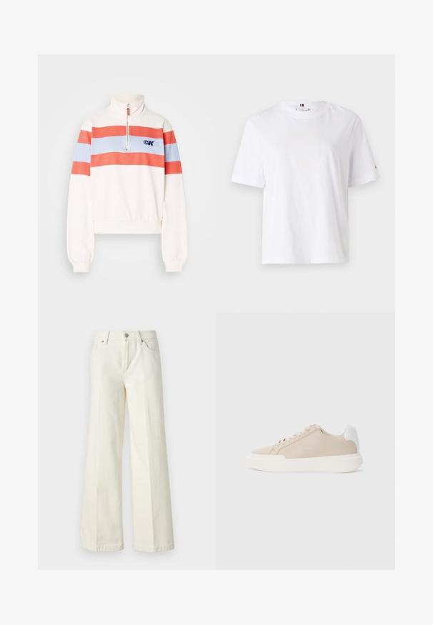 Balta palaidinė su aukštu apykakle, puošta raudonomis ir šviesiai mėlynomis horizontaliomis juostomis bei priekyje esančiu užtrauktuku. Ant kairiojo krūtinės puikuojasi logo.; Balta medvilninė marškinė su apvalia kaklo išpjova, trumpomis rankovėmis ir subtiliu geltonu logotipu, kuris sako "HILFIGER NEW YORK 1985." Standartinio kirpimo.; Platūs balti džinsai, pagaminti iš medvilnės mišinio. Yra užtrauktukas, penkių kišenių dizainas ir siūlės išsiuvinėjimas.; Bežiniai odiniai sportbačiai su balta nugaros akcentu, lygiu baltu padu ir toniniais siūlais bei logotipo detalėmis šone.