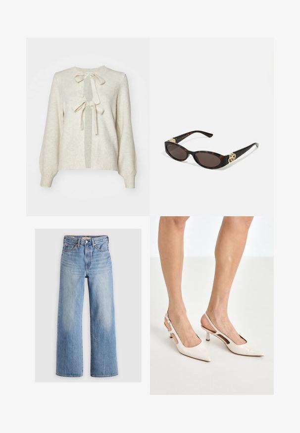 Svetlo bež pulover z okroglo oblikovano ovratnikom, ki ima dva sprednja mašna, rebraste manšete in mehko teksturo. Pulover ima odprto obliko spredaj.; Dolgi rokav turtleneck top v svetlo bež barvi. Narejen iz mehke, raztegljive tkanine s sproščenim krojem in preklopnim ovratnikom.; Svetlo modre široke kavbojke z visokim pasom, zbledelimi predeli, petimi žepi in kontrastnim šivanjem. Klasično zapiranje z gumbom in zadrgo.; Bež lakirane usnjene čevlje na peto s koničastim nosom in 5 cm visokim peto, ki imata izrezane stranice in tanko zanko okoli gležnja.; Kornjačaste sunčane naočale s izduženim ovalnim lećama, smeškim tonovima, zlatnim logotipom na drškama i elegantnim crnim rukohvatima.; Uk espuma usnjena torbica s kurbano obliko, enojni ročaj, zlato okovje in subtilno blagovno ime na dnu. Zadrga ob vrhnjem robu.