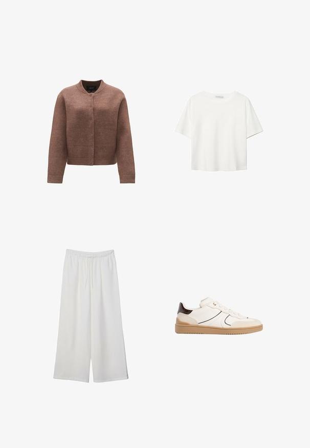 OPUS DOMBA - Cardigan - cocoa; T-shirt bianco a maniche corte realizzato in cotone. Presenta un collo tondo e una vestibilità rilassata. Texture liscia senza motivi o dettagli visibili.; Pantaloni bianchi a gamba larga realizzati in tessuto leggero, dotati di una vita elastica e di un cordino per una vestibilità regolabile. Texture liscia.; Stradivarius Sneakers basse - white