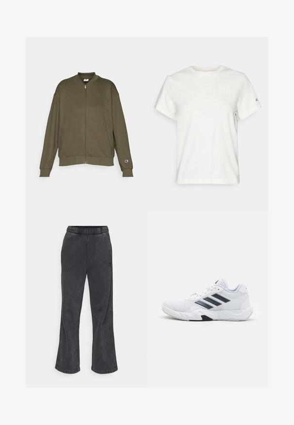Olivovo zelená mikina na zips vyrobená z mäkkej tkaniny, s vysokým golierom, dvomi bočnými vreckami a malým logom na hrudi.; Biele krátke rukávy bavlnené tričko s okrúhlym výstrihom a malým logom na hornej ľavej hrudi. Mäkká textúra a štandardný strih.; Zúžené tepláky v tmavosivej farbe s jemnou textúrou. Obsahujú elastický pás a vyšívané logo na boku.; Biele športové topánky s ventilovaným vrchom, tromi čiernymi pruhmi po stranách, textúrovanými akcentmi a pevným gumovým podošvom s kontrastnou čiernou časťou.