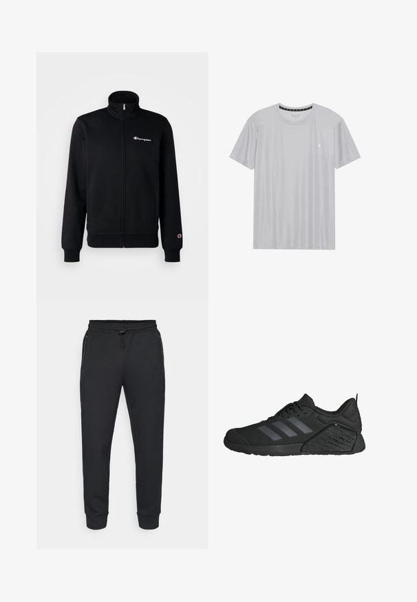 Sweatshirt negru cu fermoar, cu guler înalt, realizat dintr-un material moale. Prezintă un logo subtil pe piept și buzunare laterale. Mansetele și tivul sunt ajustate.; Tricou deschis gri, cu mânecă scurtă, realizat dintr-un material texturat. Are o guler rotund și un logo mic pe piept.; Pantaloni sport negri din material elastic cu talie ajustabilă prin șnur, buzunare laterale cu fermoar și manșete cu textură rib. Fabricati dintr-un material moale, texturat.; Pantofi sport negri cu superior din plasă, având trei dungi gri, o talpă intermediară texturată și o talpă din cauciuc cu un model unic.