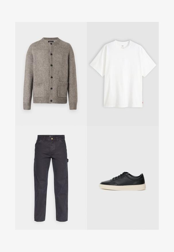 Světle šedý svetr vyrobený z měkké vlny, s kulatým výstřihem, šesti černými knoflíky a dvěma předními kapsami. Hladký pletený vzor.; Bílý krátký rukáv tričko vyrobené z bavlny s kulatým výstřihem. Na přední straně se nachází decentní embosované logo a červená cedulka na lemu.; Tmavě šedé cargo kalhoty vyrobené z odolné látky, s rovnými nohavicemi, pěti kapsami a knoflíkovým zapínáním v pase.; Černé kožené nízké tenisky s černými tkaničkami a slonovinovou podešví, zobrazené v bočním profilu na bílém pozadí.
