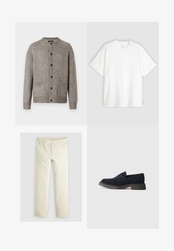 Lys grå cardigan laget av myk ull, med rund hals, seks svarte knapper og to frontlommer. Strukturert strikke mønster.; Hvit t-skjorte med korte ermer laget av bomull, med rund hals. Har diskret preget logo detalj foran og en rød etikett på kanten.; Lys beige løse bukser med tre lommer, beltestropper og rett ben-design. Laget av et mykt bomullsblandingsstoff.; Marineblå semskede loafers med rund tå, dekorativ stikning og gummisål med en let hævning. Holdbart materiale og design.