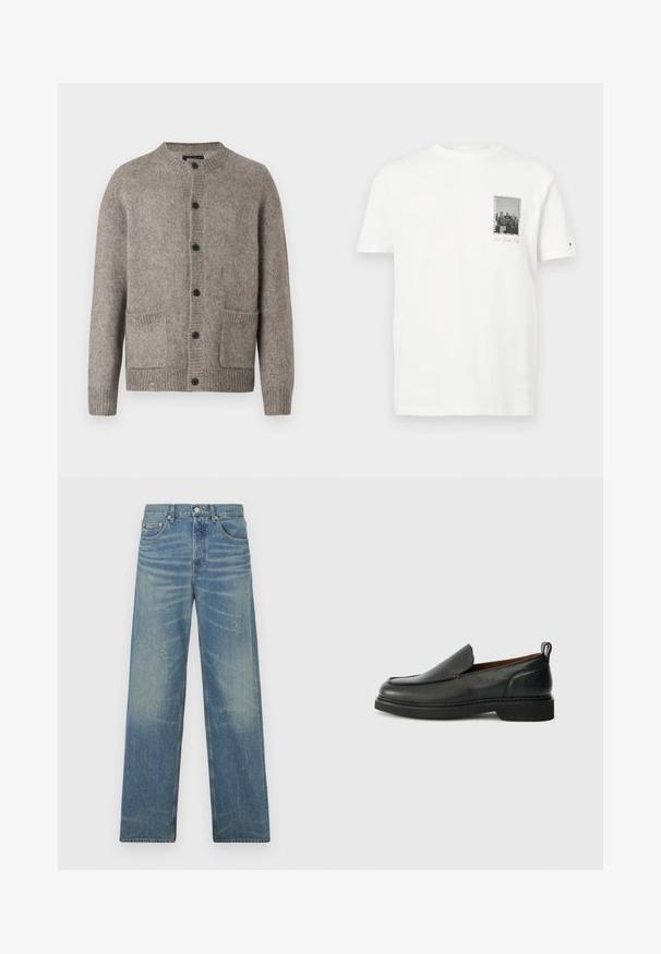 Světle šedý svetr vyrobený z měkké vlny, s kulatým výstřihem, šesti černými knoflíky a dvěma předními kapsami. Hladký pletený vzor.; Bílý bavlněný tričko s kulatým výstřihem a krátkými rukávy. Na hrudi má malý grafický potisk městské krajiny s nápisem "New York City".; Modré rovné džíny s vybledlým vzhledem, drobnými skvrnami od barvy, předním knoflíkem a pěti kapsami na bílém pozadí.; Černé kožené obuv na klínku s kulatou špičkou, texturovaným svrškem, kontrastním červeným prošíváním a nízkým podpatkem. Obsahuje smyčkový úchyt.