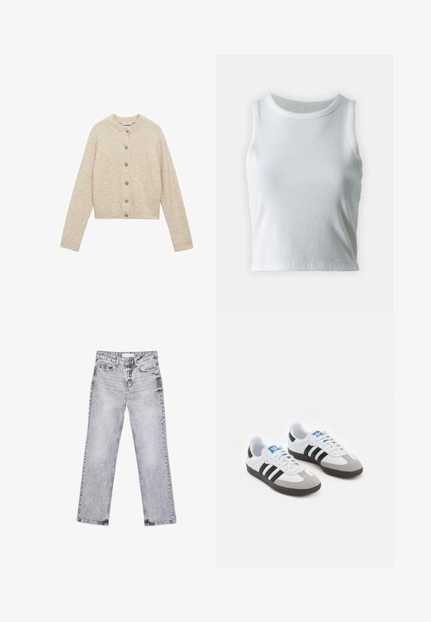 Beige gestrickte Strickjacke mit rundem Halsausschnitt, langen Ärmeln und Knopfverschluss an der Vorderseite. Strukturierter Stoff mit leicht verkürztem Schnitt.; Weißes, geripptes Tanktop mit runder Ausschnittform und ärmellosem Design, ausgestattet mit einem geraden Saum und einer glatten, dehnbaren Textur.; Graue Jeans aus Denim mit geradem Bein, mit Used-Effekten, fünf Taschen und kupferfarbenen Nieten. Der Bund verfügt über ein Logoshirt.; Sportschuhe mit einem Obermaterial aus weißem Leder, grauer Wildleder-Zehenkappe und drei schwarzen Streifen. Sie verfügen über ein blaues Logo auf der Zunge und eine strukturierte Gummisohle.