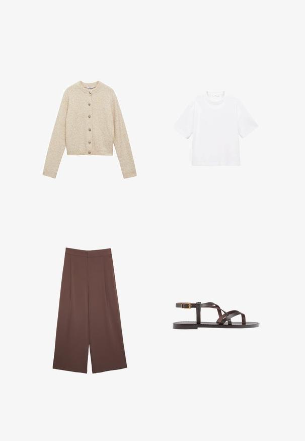 Bežový pletený kardigan s okrúhlym výstrihom, dlhými rukávmi a zapínaním na gombíky. Štruktúrovaná tkanina s mierne skráteným strihom.; Biely bavlnený tričko s krátkym rukávom a okrúhlym výstrihom. Jednoduchý dizajn, voľný strih, hladká textúra. Žiadne vzory ani akcenty nie sú viditeľné.; Hnedé nohavice so širokými nohavicami a hladkou textúrou, s vysokým pásom a prednými skladmi. Tkanina je ľahká a voľne sa pohybuje.; Hnedé kožené sandály s krížovými popruhmi, uzatváraním na pracku okolo členku a plochou podrážkou s minimálnymi ševmi.