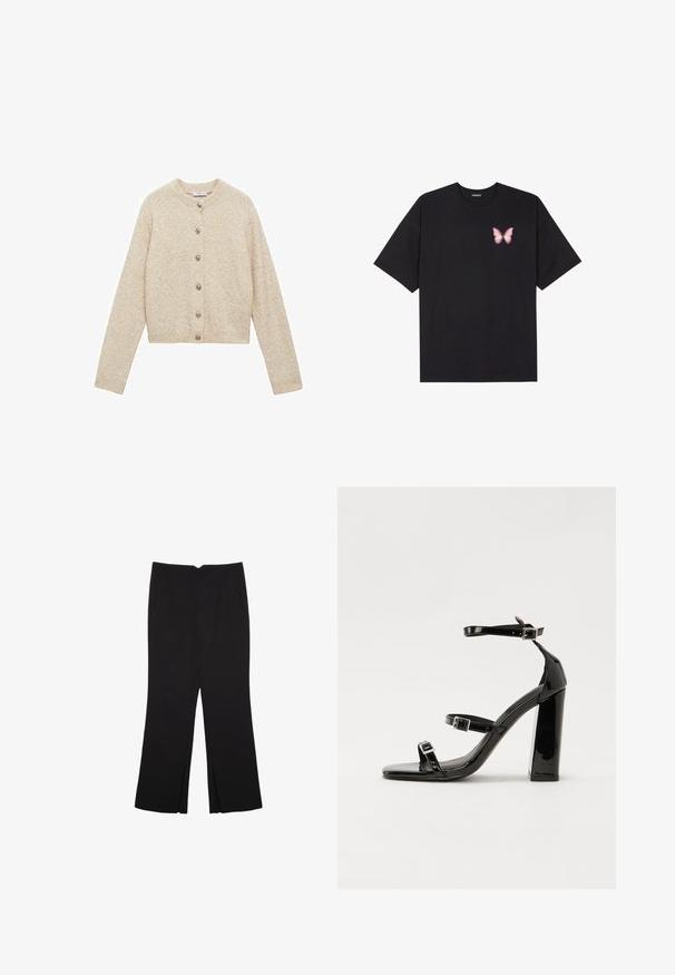 Bež pletena jopica z okroglim izrezom, dolgimi rokavi in gumbi spredaj. Teksturirana tkanina s rahlo skrajšanim krojem.; Črna bombažna majica s kratkimi rokavi, ki ima majhen roza metuljček na levi strani prsnega dela. Majica s krožnim ovratnikom in sproščenim krojem.; Črne hlače ravnega kroja z naglavnimi žepi in stranskimi razporki na robu. Narejene iz mehke, gladke tkanine. Primerne za različne priložnosti.; Črne lakirane sandale s peto, kvadratnim prstom, trakovi okrog gležnja in srebrnimi zaponkami. Opremljene so s stabilno Debelo peto.