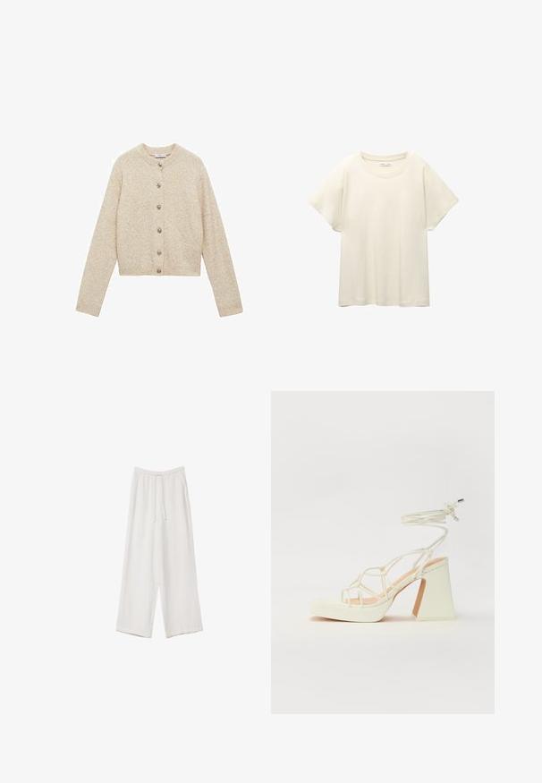 Bež pletena jopica z okroglim izrezom, dolgimi rokavi in gumbi spredaj. Teksturirana tkanina s rahlo skrajšanim krojem.; Svetlo bež kratkosleeven majica s okroglim ovratnikom, izdelana iz mehke, gladke tkanine. Ima sproščen kroj in raven rob.; Bele široke hlače iz lahkega materiala. Imajo elastičen pas s vrvico in stranske žepe. Gladka tekstura.; Bela sandala na visokih petah s debelim petam, ki ima obliko trakcev in vezanje okoli gležnja. Gladka tekstura z platformo spredaj za dodatno višino.