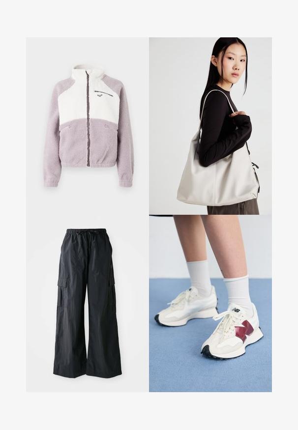 Fleecejakke med fuld lynlås og høj krave, farveblokering i lavendel og hvid, tre lynlåslommer og et lille brystlogo på en hvid panel.; Sæt med to langærmede toppe i hvid og sort. Ribbet tekstur, rund halsudskæring, tætsiddende design med let udvidede ærmer.; Sorte cargo-bukser lavet af letvægtigt stof, med vidde i benene, elastisk talje og flere sidelommer. Enkle og funktionelle.; Et par hvide sneakers med maroon detaljer, strukturerede paneler, flad sort sål og lyse snørebånd, båret med hvide ankelstrømper.; Beige håndtaske lavet af blødt materiale med et slouchy design, stikninger og to skulderremme. Velegnet til daglig brug.