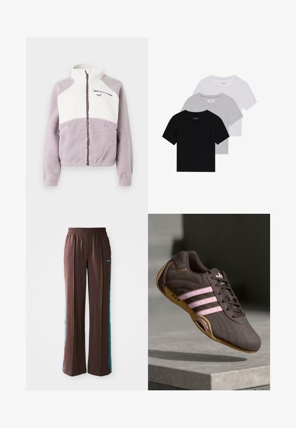 Chaqueta polar con cremallera completa, cuello alto, bloques de color en lavanda y blanco, tres bolsillos con cremallera y un pequeño logo en el pecho sobre un panel blanco.; Conjunto de tres camisetas de manga corta en negro, gris y blanco. Están hechas de algodón, cuentan con cuello redondo y un diseño simple de un solo color.; Pantalones deportivos marrones con textura acanalada, cinturilla elástica y rayas laterales turquesas. Presenta el logo de adidas en la parte frontal.; Zapatilla deportiva de ante marrón con rayas y logotipo en rosa, con parte superior texturizada, cierre de cordones y suela de goma.