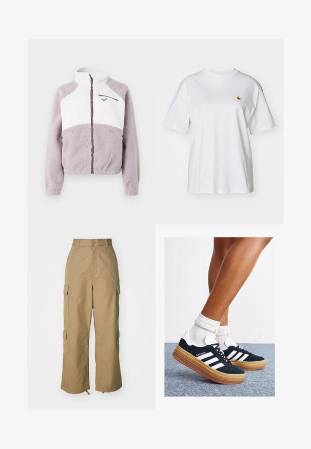 Full-zip fleece jacket with high collar, lavender and white color blocking, three zippered pockets, and a small chest logo on white panel.; White cotton t-shirt with a relaxed fit, short sleeves, and a small embroidered logo on the left chest area.; Beige cargo pants with a high waist, wide legs, and four large side pockets. Made of durable fabric with a smooth texture and minimal detail.; Black suede sneakers with white stripes and accents, rounded toe, gum rubber outsole, paired with white ribbed crew socks.