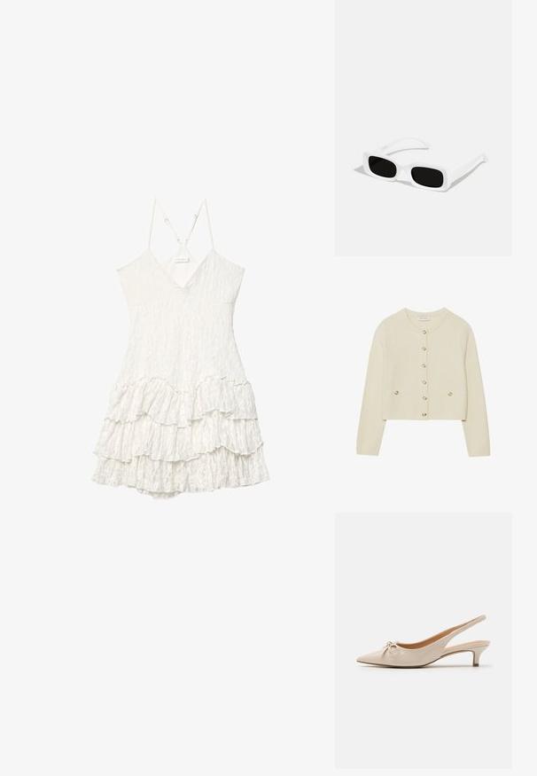 Kremowy sweter z dzianiny z okrągłym dekoltem, złotymi guzikami i dwiema przednimi kieszeniami. Strukturalny krój z długimi rękawami.; Biała koronkowa sukienka bez rękawów z dekoltem w kształcie V, regulowanymi cienkimi ramiączkami i warstwowym wykończeniem w falbanach.; Beżowe lakierowane czółenka na szpilce ze spiczastym noskiem i dekoracyjną kokardą na przodzie. Posiadają niski, smukły obcas oraz gładką fakturę.; Białe prostokątne okulary przeciwsłoneczne z czarnymi soczewkami, o matowym wykończeniu i gładkiej teksturze. Ramiona są smukłe i lekko wygięte.; Biała skórzana torebka o zaokrąglonym kształcie, z regulowanym paskiem oraz zamknięciu na górze na zamek błyskawiczny. Gładka faktura z minimalną ilością detali hardware.