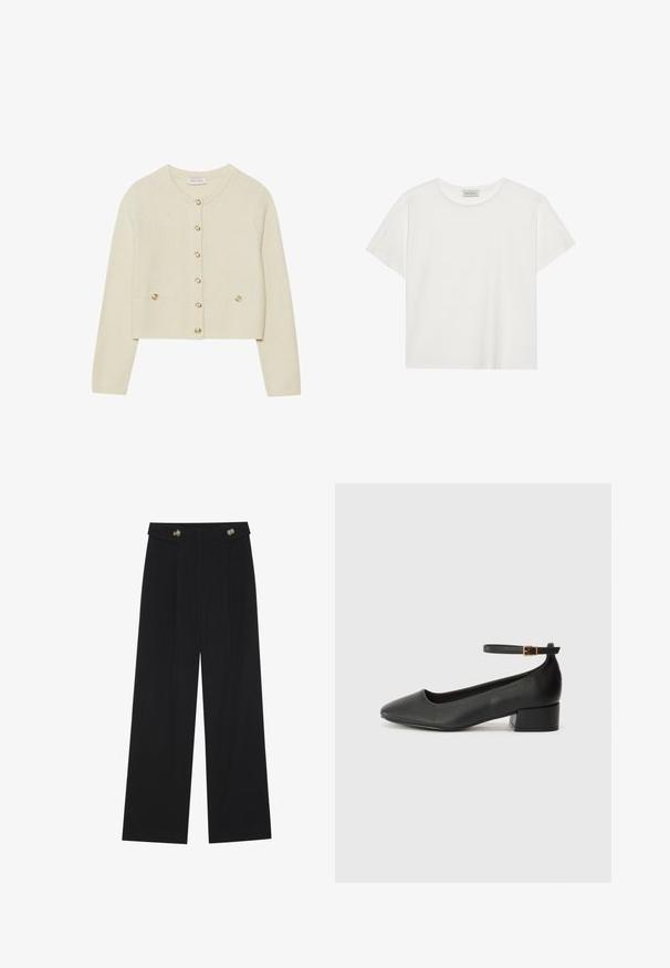 Gelsvos kaklo mezginys su apykakle, auksinėmis sagomis ir dviem priekinių kišenėmis. Tvirtas siluetas su ilgomis rankovėmis.; Balta trumpa rankovė T-marškiniai, pagaminti iš minkštos medvilnės. Charakterizuojami apvali kaklo iškirpte ir laisvu siluetu. Švarus dizainas be matomų raštų ar akcentų.; Juodi plačios kojos kelnės su aukštu liemeniu, sagų detalėmis ant liemens ir priekinėmis raukšlėmis.; Juodas odinis aukštakulnis batelis su smailiu pirštu ir žemu bloku. Su kulkšnies dirželiu su auksinės spalvos sagtimi. Lygus paviršius.