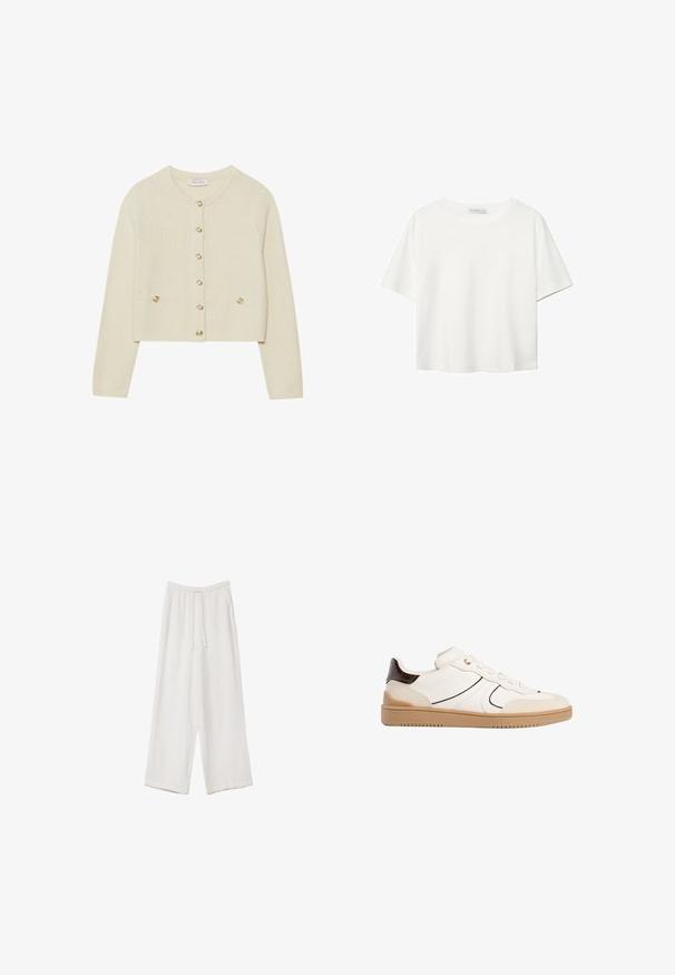 Kremowy sweter z dzianiny z okrągłym dekoltem, złotymi guzikami i dwiema przednimi kieszeniami. Strukturalny krój z długimi rękawami.; Biała koszulka z krótkim rękawem, wykonana z bawełny. Posiada okrągły dekolt i luźny krój. Gładka faktura bez widocznych wzorów czy akcentów.; Białe spodnie o szerokich nogawkach wykonane z lekkiego materiału. Posiadają elastyczny pas z sznurkiem i boczne kieszenie. Gładka tekstura.; Stradivarius - Sneakersy niskie