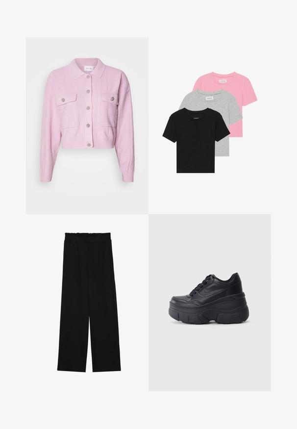 Gilet court rose avec un col, motif texturé et accents de boutons en argent. Comprend deux poches avant avec fermeture à rabat.; Trois t-shirts à manches courtes : un noir, un gris et un rose. Chacun possède un col rond classique et est fabriqué dans un tissu en coton mélangé doux et extensible.; Pantalons larges noirs à taille volante, dotés de deux poches latérales et d'un tissu lisse et léger. Pas de motifs ni de matériel visible.; Baskets noires à lacets avec une semelle épaisse, présentant un dessus en cuir lisse, un bout arrondi et un design de plateforme en couches distinct.