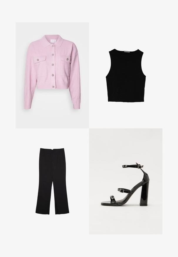 Cardigan corto rosa con collo a camicia, motivo testurizzato e dettagli in bottoni argentati. Presenta due tasche frontali con chiusura a pattina.; Top corto senza maniche nero realizzato in tessuto liscio, con scollatura rotonda e un design pulito e semplice, privo di pattern o accessori.; Pantaloni neri a gamba dritta, con tasche frontali e spacchi laterali all'orlo. Realizzati in tessuto morbido e liscio. Adatti a diverse occasioni.; Sandali con tacco in vernice nera, con punta squadrata, cinturini alla caviglia e fibbie in argento. Presentano un tacco a blocco spesso per maggiore stabilità.