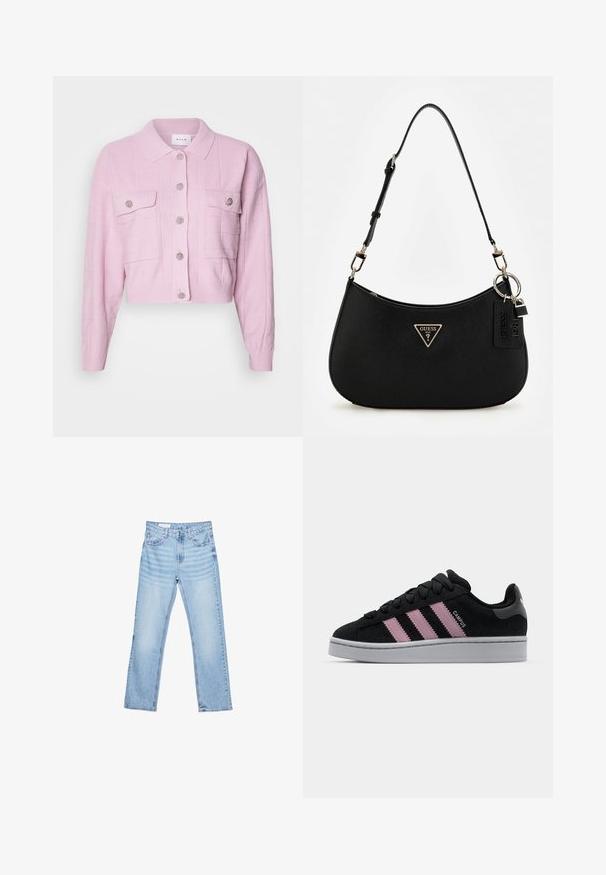 Roza skrajšani pulover z ovratnikom, teksturiran vzorec in srebrnimi gumbnimi poudarki. Ima dva sprednja žepa z zapiranjem na poklop.; Črn rebrast top s kratkimi rokavi in nastavljivimi tankimi naramnicami, ki ima tri bele črte na straneh in majhen bel Adidasov logotip na sredini.; Svetlo modri kavbojki s ravnim krojem, petimi žepi in vidnimi šivi. Srednje visok pas z klasik gumbom in zadrgo.; Črne semšaste superge s roza trojnim črtastim dizajnom, sivo gumo podplat in teksturiran jezik. Imajo blagovno znamko na strani in peti.; Črna sintetična torba za ramo s ukrivljeno silhueto, teksturirano površino, zlatim trikotnim logotipom in odstranljivimi dodatki.; Nasvetna ogrlica iz sladkovodnih biserov s enotnimi okroglimi belimi biseri, zaključena z srebrno zaponko in podaljšanim verižnim členom za nastavljivo dolžino.