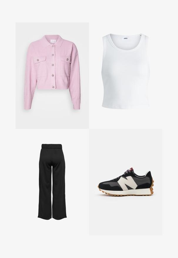Rosa kort cardigan med krage, teksturert mønster og sølvfarge knappeakenter. Har to frontlommer med klafflukk.; Hvit ribbestrikket tank topp med rund hals, uten ermer og croppe lengde. Merket leser "JJXX." Glatt stoff tekstur.; Svarte, vide bukser med elastisk midje, laget av glatt stoff. Har et rent design uten lommer eller synlige sømmer.; Sorte og grå sued sneakers med et stort cremefarvet "N" logo, lilla snørebånd og en tekstureret gummisål.