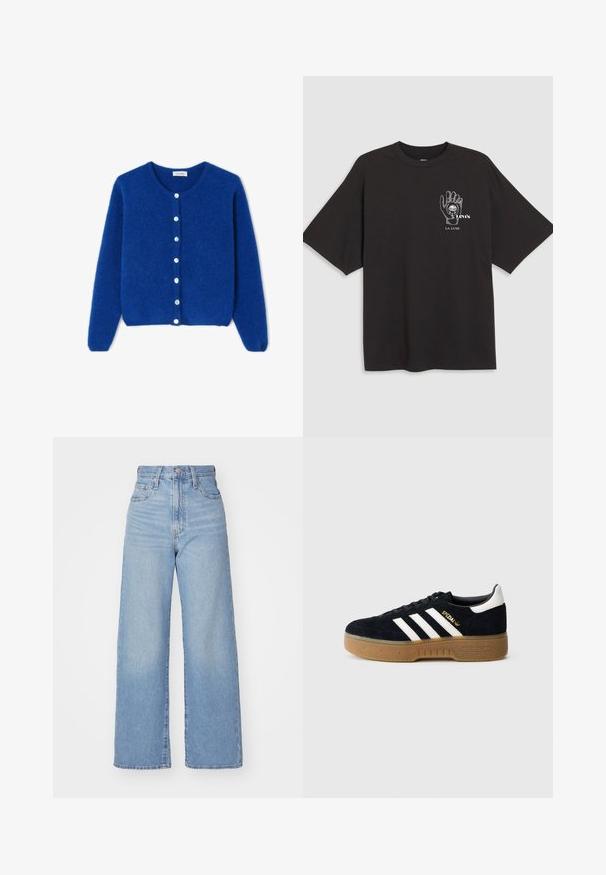 Zils adīts džemperis, kas izgatavots no mīksta materiāla, ar apaļu kakla izgriezumu, garām piedurknēm un sešām baltām pogām priekšpusē.; Melna kokvilnas T-kreklu ar īsām piedurknēm, ar roku grafiku un tekstu "Levi's LA LUNE" baltā krāsā kreisajā krūtīs.; Gaiši zili augstās jostas vidukļa platās bikses ar priekšējo pogu un rāvējslēdzēju, priekšējām un aizmugurējām kabatām uz baltā fona.; Melns zamšādas sporta apavu ar baltām trim svītrām un zelta logotipu. Gumijas zole ar teksturētu saķeri. Klasisks zema profila dizains ar apaļu purngalu.