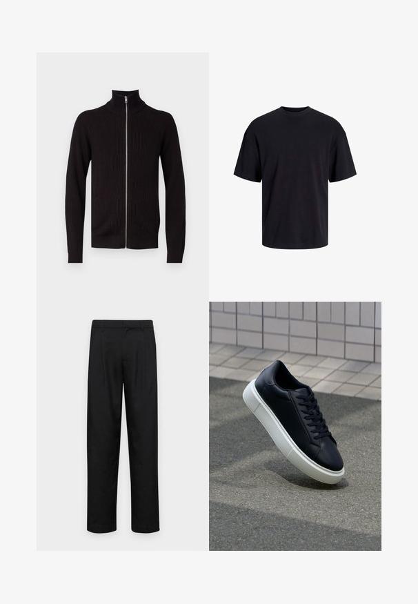 Pulover negru, cu dungi, având guler înalt și fermoar complet. Are mâneci lungi și un design ajustat. Fabricat dintr-un material texturat tricotat.; Tricou din bumbac negru, cu guler rotund, mâneci scurte și o croială lejeră. Textură netedă și fără modele sau accente vizibile.; Pantaloni negri dintr-un material neted, cu un design drept, două pliuri frontale și un tiv standard cu bucle pentru curea.; Tenis cu piele neagră, cu vârful rotund și talpă din cauciuc alb. Are șireturi plate și cusături minime pe suprafață. Tălpile texturate oferă aderență.
