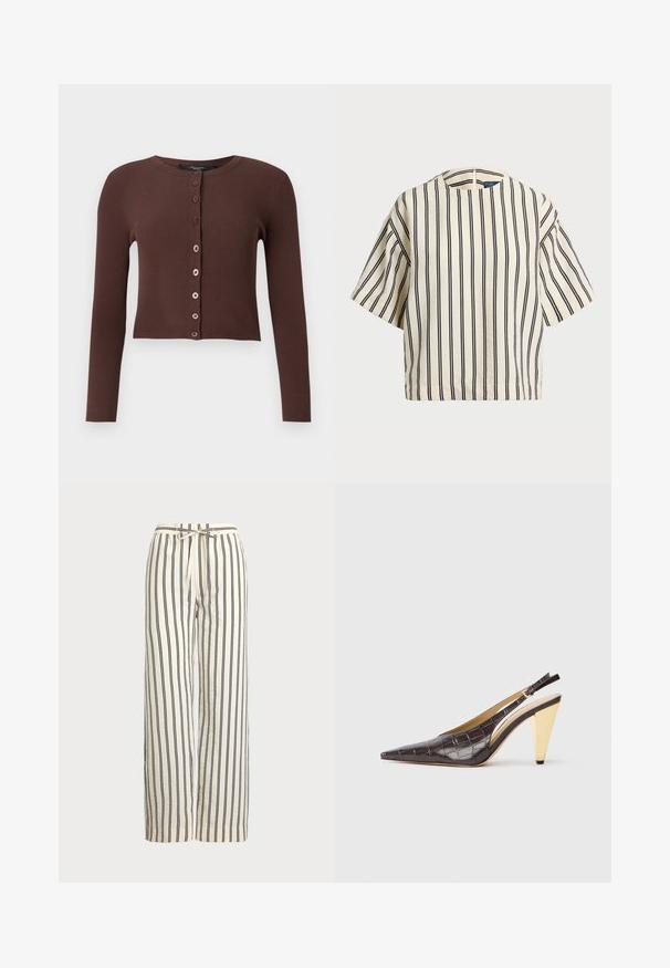 Rjav rebrast kardigan z okroglo izrezom, dolgimi rokavi in skrajšanim robom. Ima šest okroglih gumbov spredaj.; Kratek rokav, prugast top v kremni in mornarsko modri barvi, z okroglim izrezom in kvadratnim dizajnom ter teksturirano tkanino.; Hlače širokih nogavic v kremnem materialu z vertikalnimi mornarskimi črtami. Imajo elastičen pas z vrvico, kar zagotavlja sproščen fit in teksturo.; Slingback peto s koničastim nosom, v temno rjavi sijoči umetni krokodilji usnjeni različici. Ima zlate geometrijske pete in nastavljiv ankel trak.