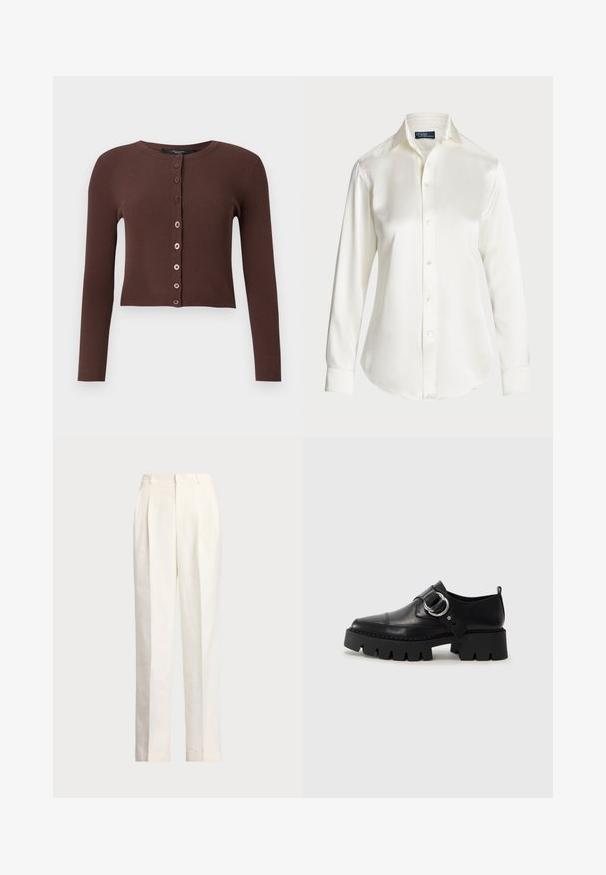 Hnedý rebrovaný cardigan s okrúhlym výstrihom, dlhými rukávmi a skráteným spodným okrajom. Obsahuje šesť okrúhlych gombíkov pozdĺž prednej strany.; Biela košeľa s dlhým rukávom a gombíkmi, vyrobená z hladkej látky, s klasickým golierom a jemným leskom, s okrúhlym lemom a gombíkovými detailmi.; Polo Ralph Lauren HEMP WIDE LEG PANT - Nohavice - nevis; Čierne kožené topánky s hrubou, rebrovanou podrážkou, vyznačujúce sa okrúhlou striebornou kovovou ozdobou a minimálnym prešívaním.